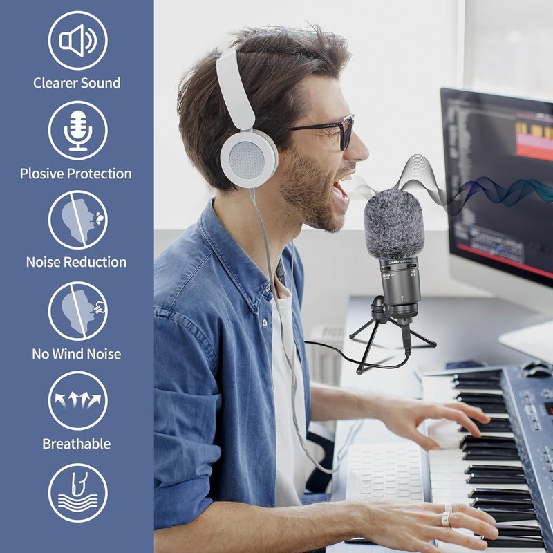 JYUVICT فلتر صوتي لميكروفون Audio-Technica AT2020، أغطية ميكروفون من الفوم مع غطاء رياح فروي فلتر تسجيل صوتي وعزل الضوضاء ل AT2020USB AT2035 AT2040 AT2050 ATR2500 ATR2500X AT4040 - Image 3